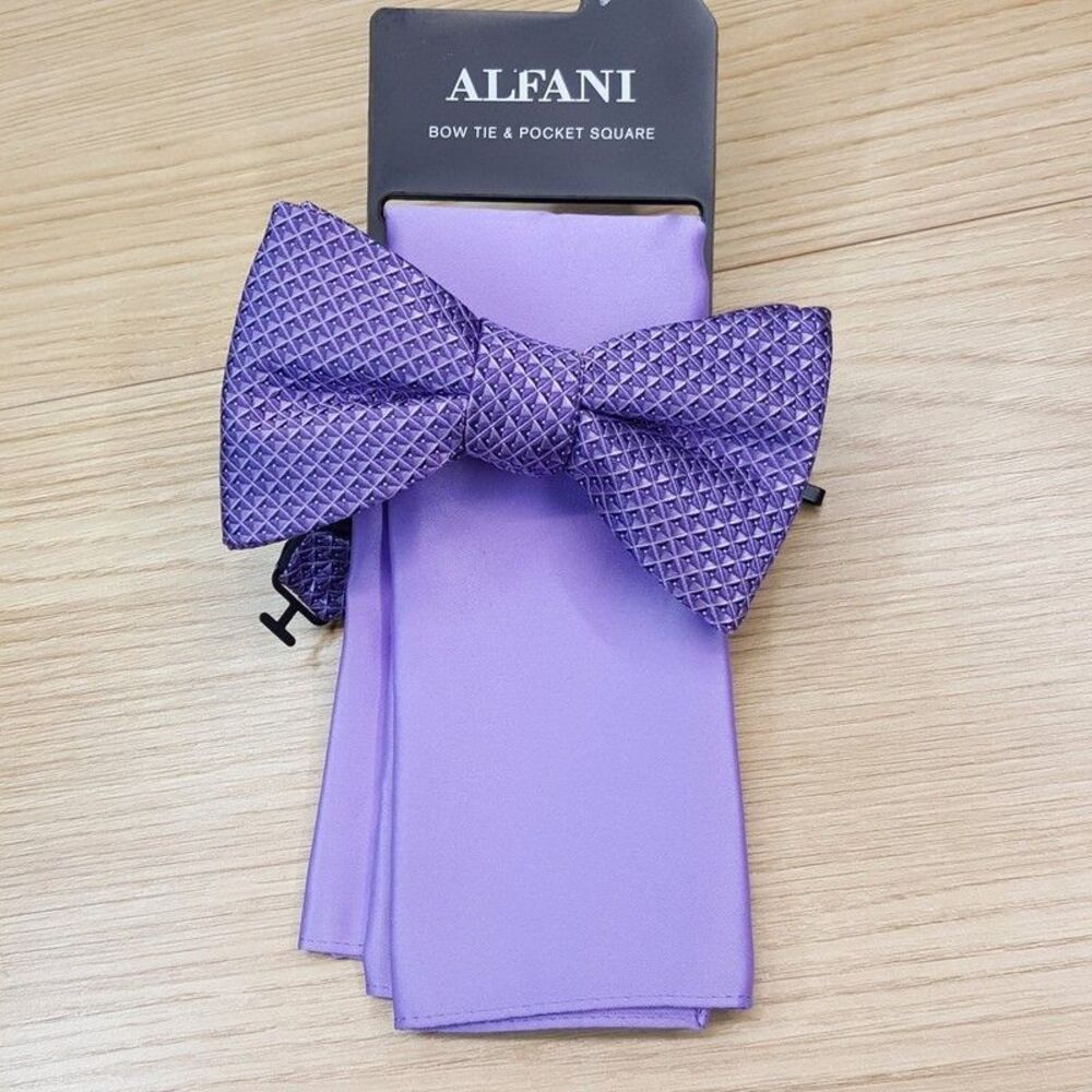 ALFANI Mens Bow Tie & Pocket Square Purple Textured Geo Satin Pre-Tied Bowtie